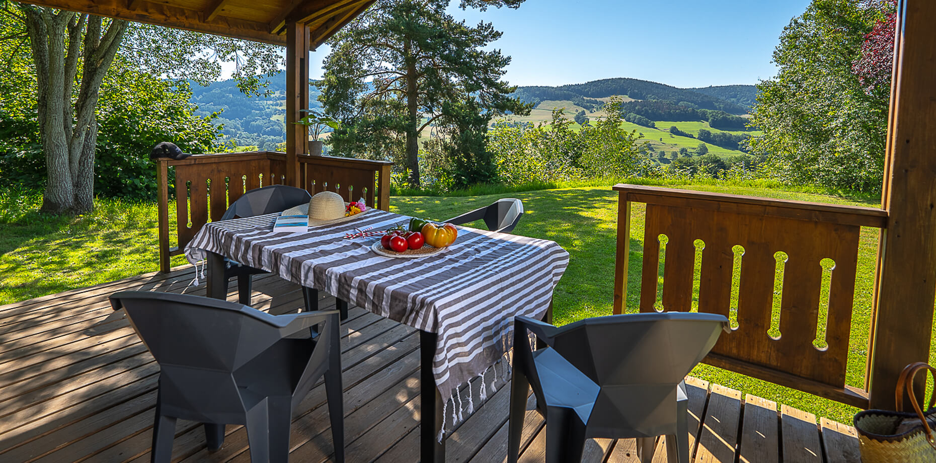 Vue extérieure du chalet CHARLAY 21 avec terrasse en location au camping Lefébure en Alsace