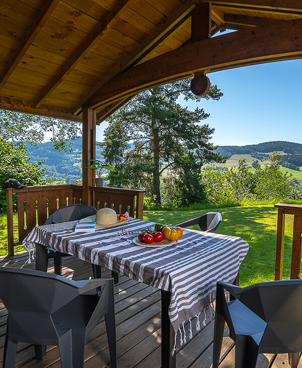 Terrasse du chalet Charlay 21 en location au camping Lefébure, camping 2 étoiles en Alsace